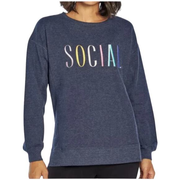 Wildfox NWT Navy Statement “Social” Sweatshirt Side Slits Drop Shoulder Size XS - Picture 1 of 11
